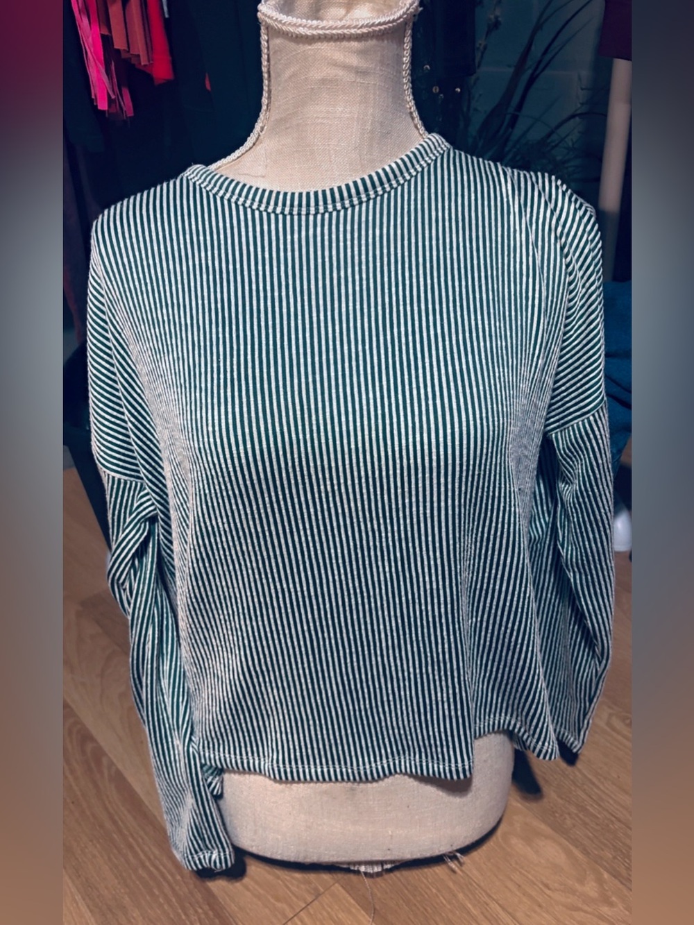 Striped Crewneck Women's Sweater - Green/White